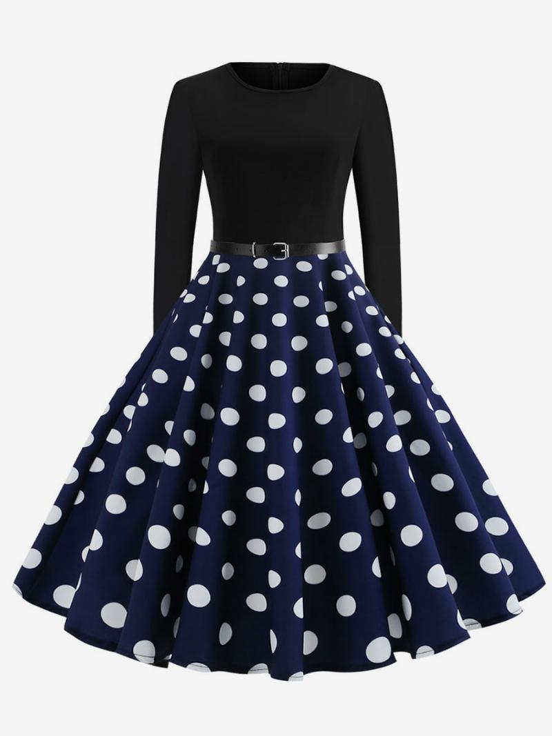 Női Piros Pöttyös Vintage Ruha 1950-es Évek Hosszú Ujjú Környakú Rockabilly Ruhák Lengő Retro - Kék