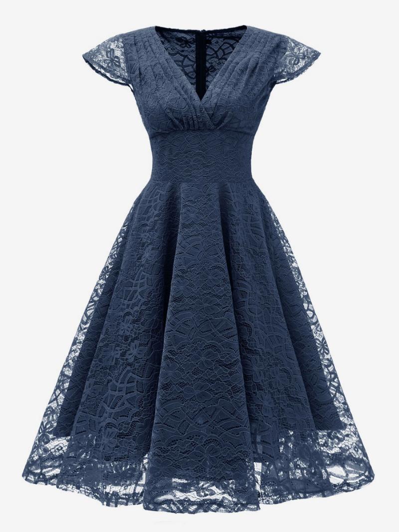 Női Retro Ruha Az 1950-es Évekből V-nyakú Rövid Ujjú Bordó Közepes Rockabilly - Dark Navy