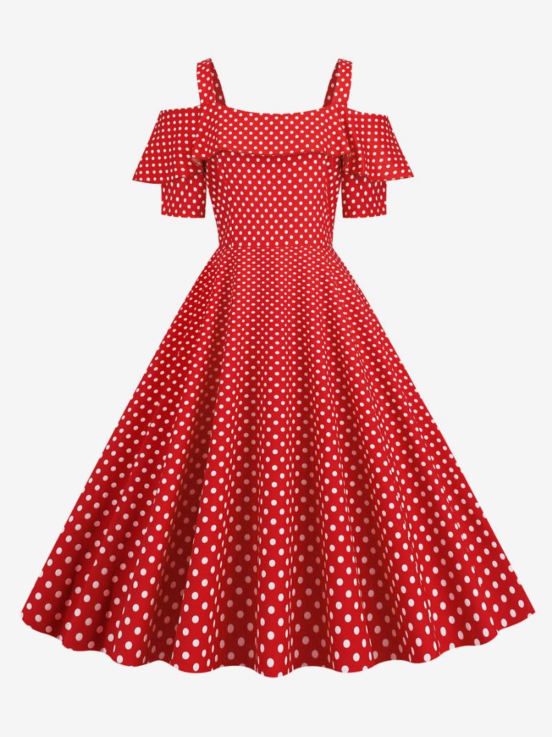 Női Vintage Ruha 1950-es Évek Bateau Nyakú Rövid Ujjú Közepes Pöttyös Rockabilly - Piros