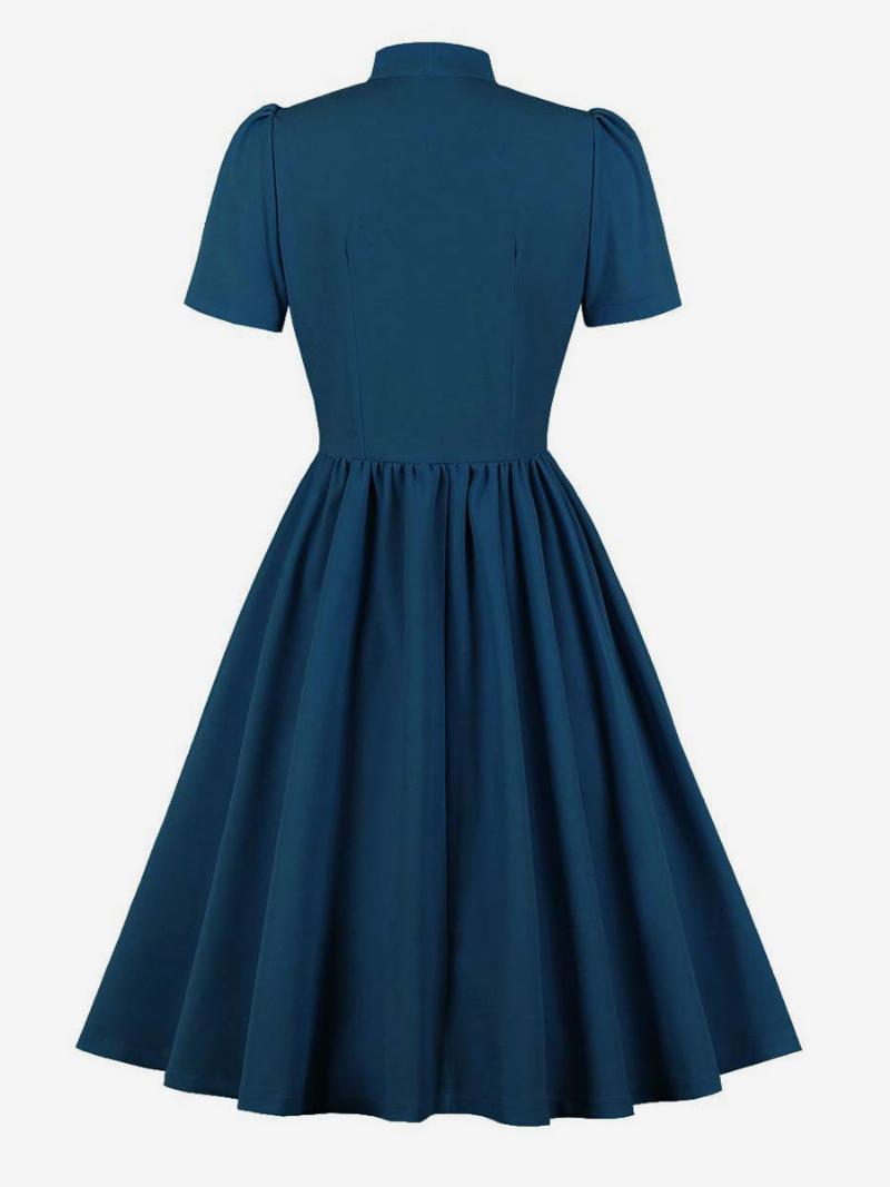 Retró Ruha 1950-es Évekből Audrey Hepburn Stílusú Sötétkék Női Rövid Ujjú Lengőruha - Navy Blue