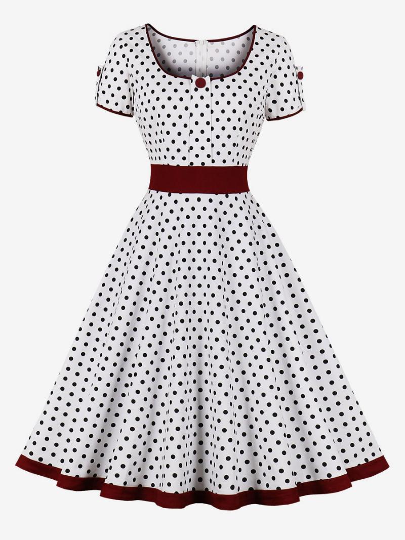 Vintage Ruha 1950-es Évek Audrey Hepburn Stílusú Sötét Sötétkék Pöttyös Női Rövid Ujjú Rockabilly