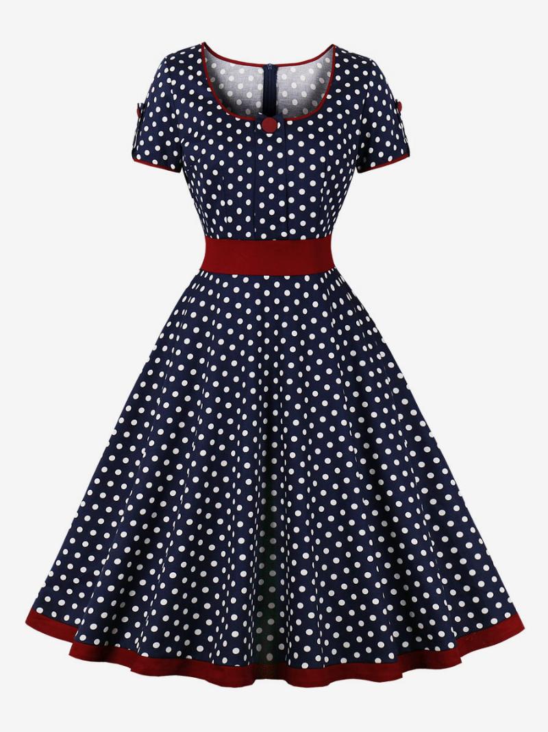 Vintage Ruha 1950-es Évek Audrey Hepburn Stílusú Sötét Sötétkék Pöttyös Női Rövid Ujjú Rockabilly - Sötét Sötétkék