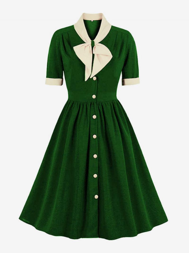 Vintage Ruha 1950-es Évek Audrey Hepburn Stílusú Zöld Kéttónusú Női Fodros Rövid Ujjú Rockabilly - Green