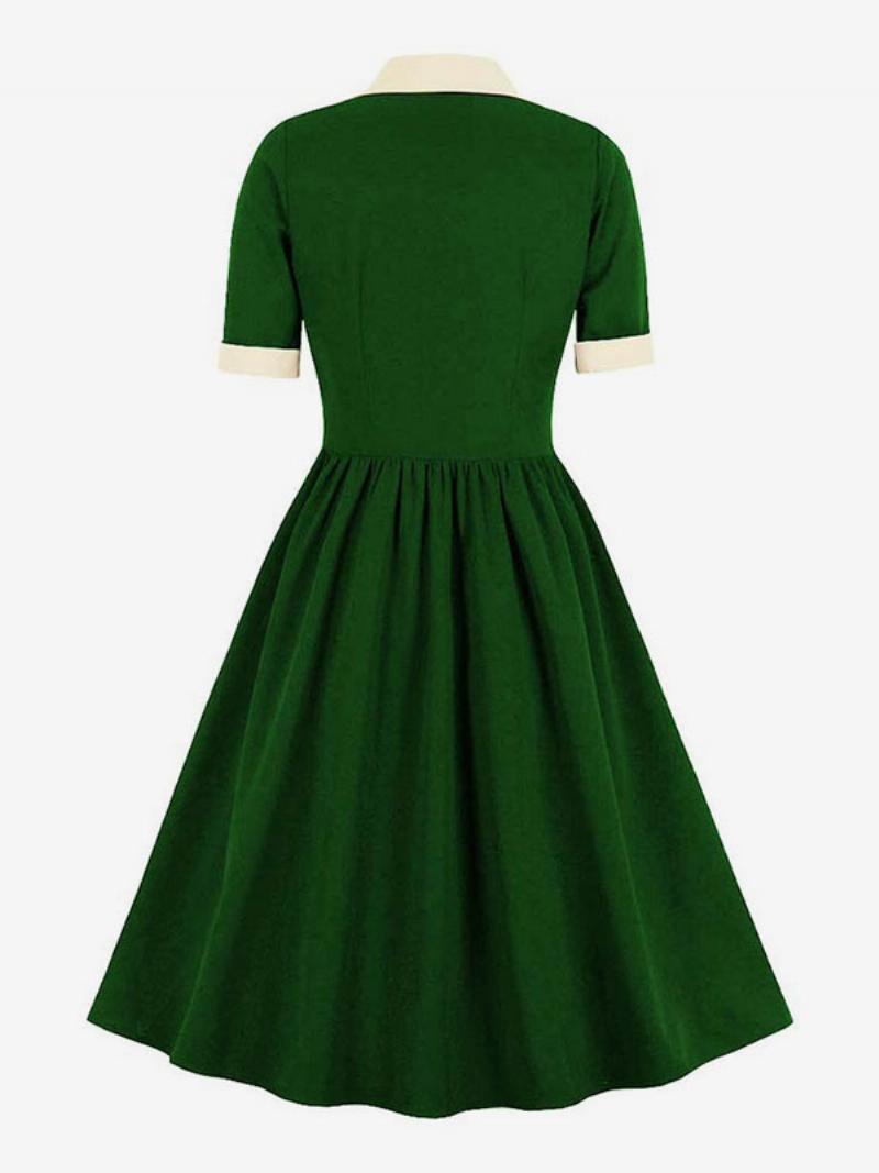 Vintage Ruha 1950-es Évek Audrey Hepburn Stílusú Zöld Kéttónusú Női Fodros Rövid Ujjú Rockabilly - Green