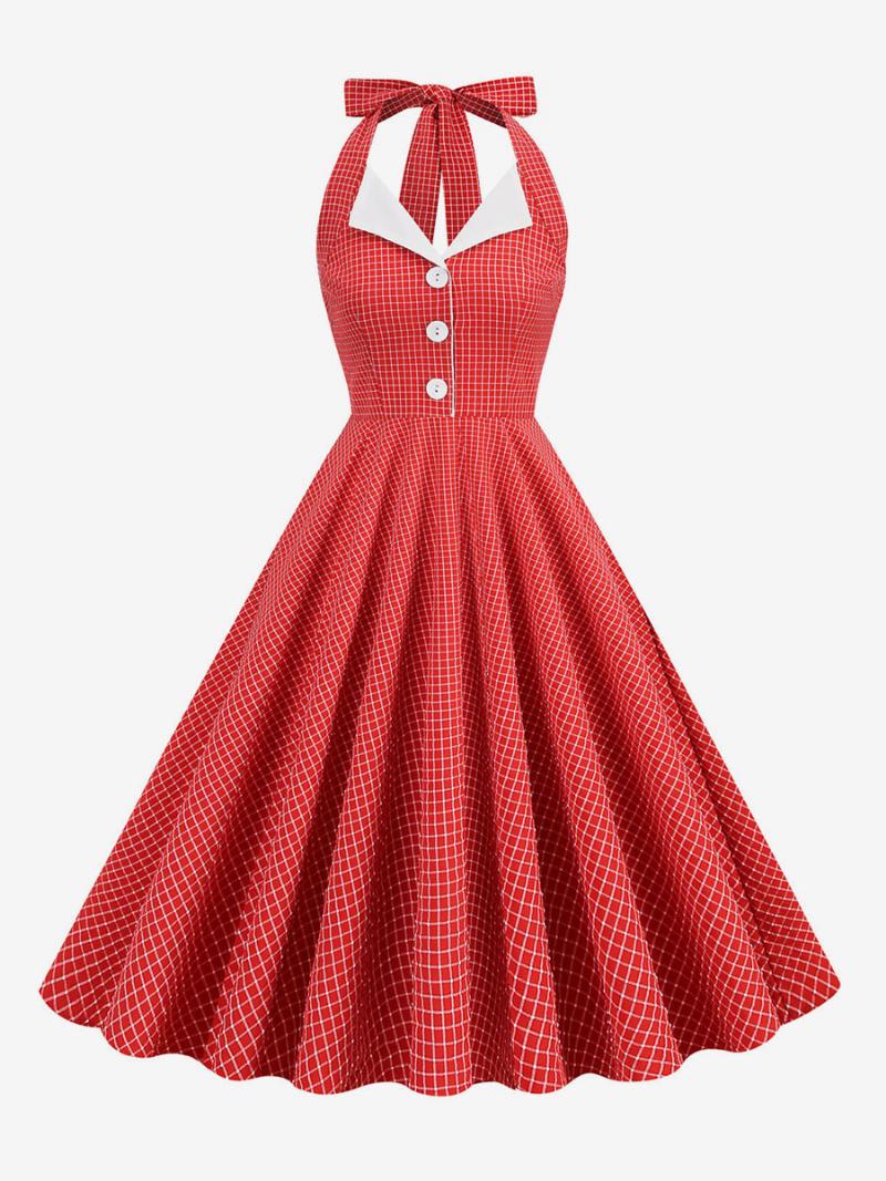 Vintage Ruha 1950-es Évekből Audrey Hepburn Stílusú Kötőfékes Gombokkal Ujjatlan Női Közepes Kockás Rockabilly - Piros