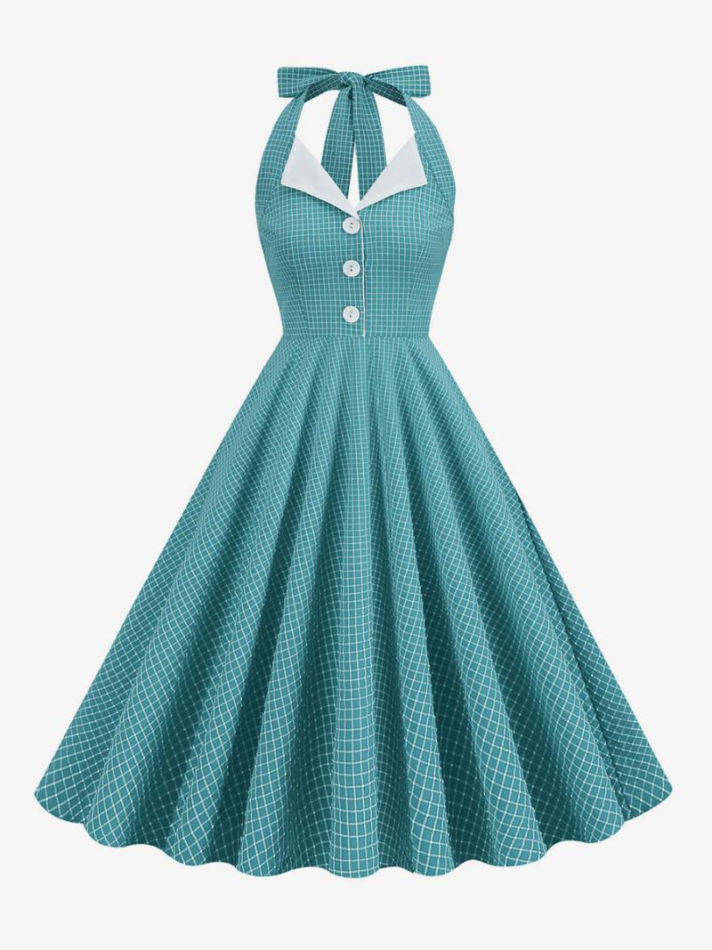 Vintage Ruha 1950-es Évekből Audrey Hepburn Stílusú Kötőfékes Gombokkal Ujjatlan Női Közepes Kockás Rockabilly - Ciánkék