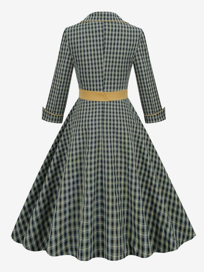 Vintage Ruha 1950-es Évekből Audrey Hepburn Stílusú Lehúzható Gallérral Hosszú Ujjú Női Közepes Kockás Rockabilly - Hunter Green