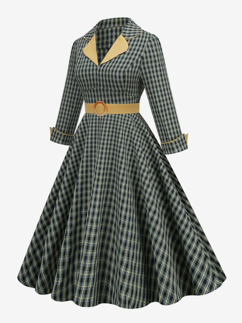 Vintage Ruha 1950-es Évekből Audrey Hepburn Stílusú Lehúzható Gallérral Hosszú Ujjú Női Közepes Kockás Rockabilly - Hunter Green