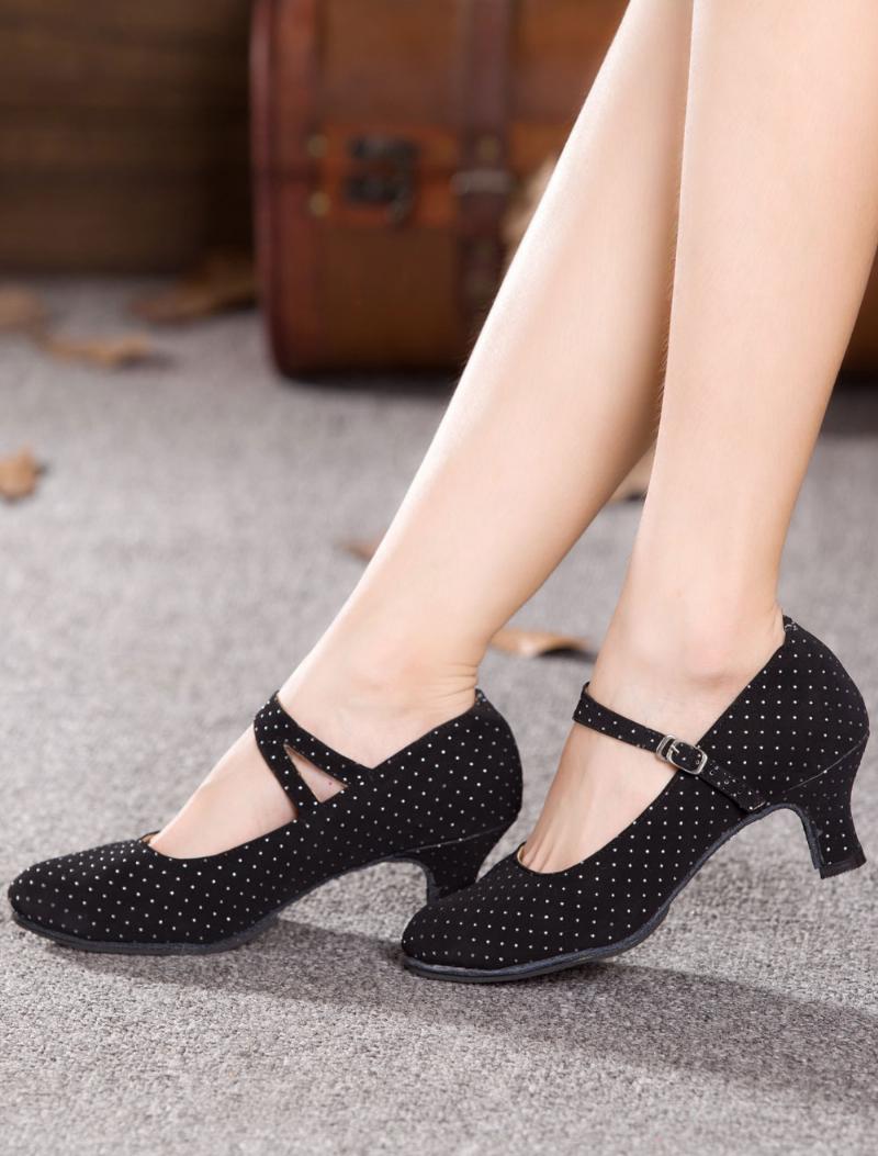 Black Dance Pumps Straps Nyomtatott Velúr Sarkú Cipő Nőknek