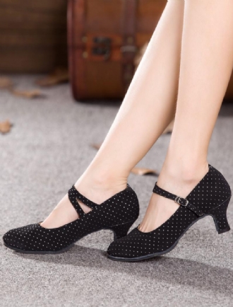 Black Dance Pumps Straps Nyomtatott Velúr Sarkú Cipő Nőknek