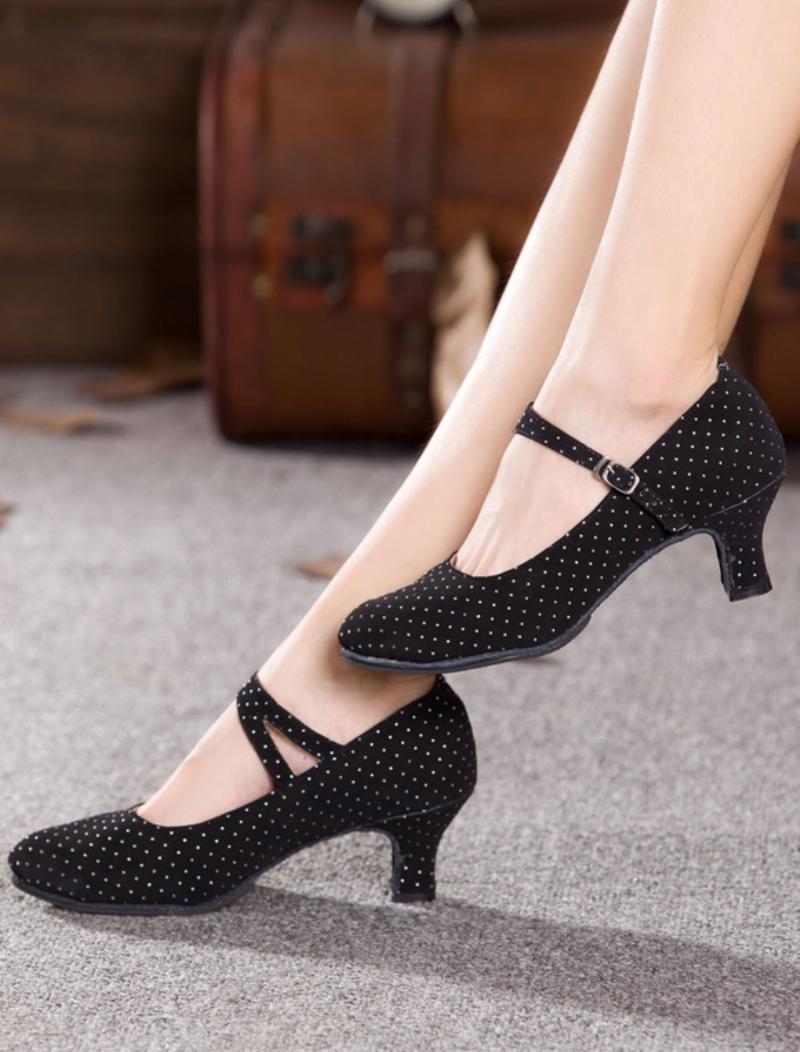 Black Dance Pumps Straps Nyomtatott Velúr Sarkú Cipő Nőknek - Fekete