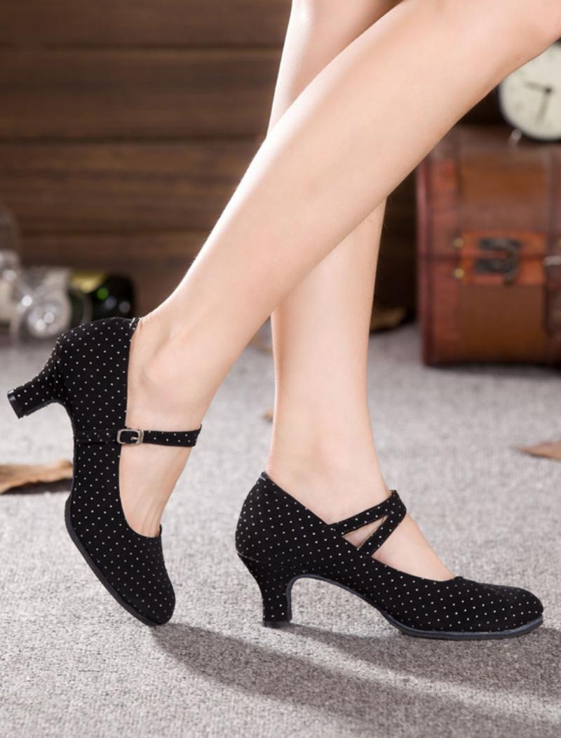 Black Dance Pumps Straps Nyomtatott Velúr Sarkú Cipő Nőknek - Fekete