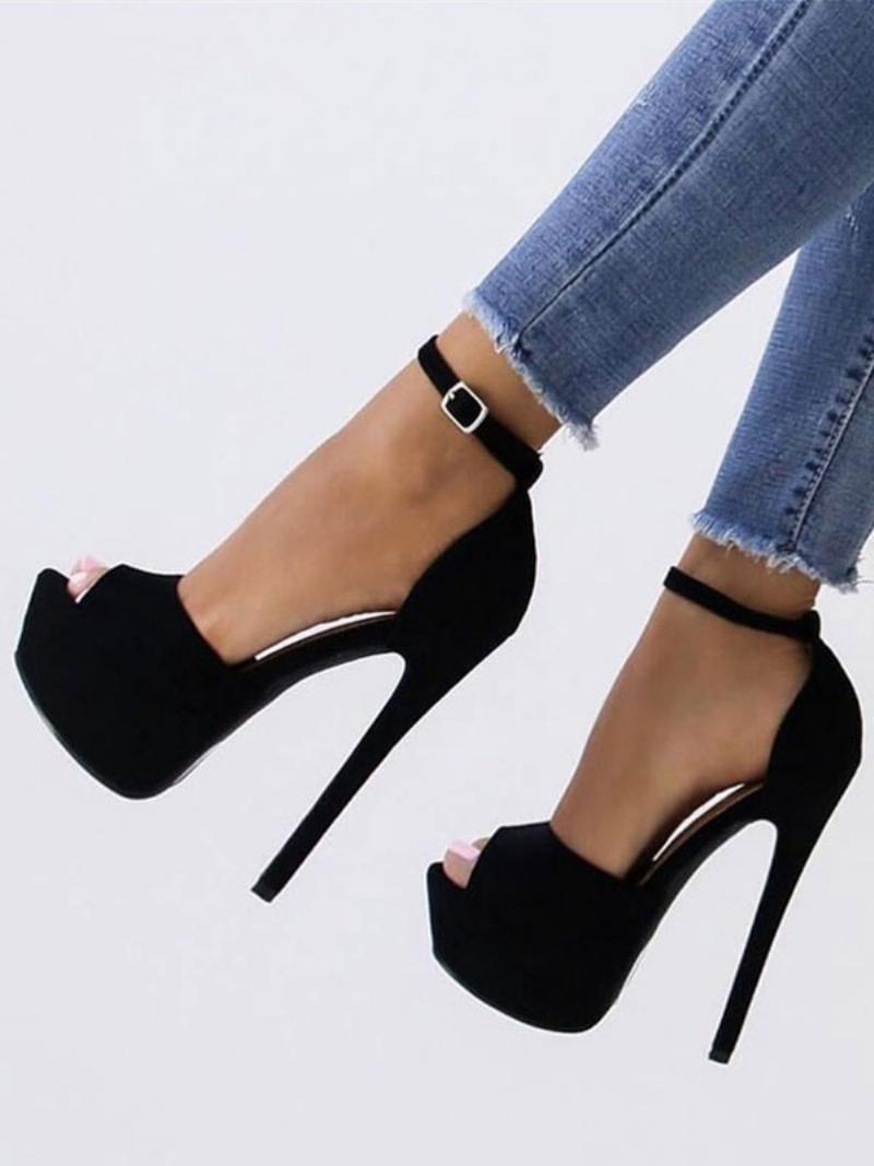 Fekete Szexi Szandál Velúr Peep Toe Platform Bokapántos Magassarkú Nőknek