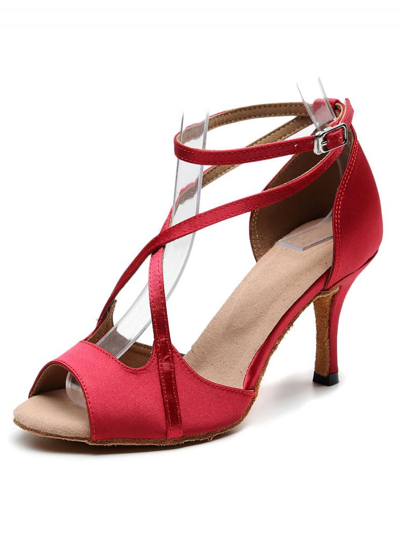 Női Latin Tánccipő Red Peep Toe Criss Cross Társastánccipő