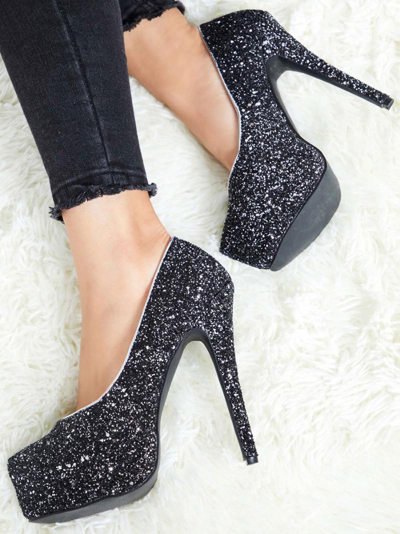 Női Sparkly Platform Pumps Fekete Báli Cipő Magas Sarkú Bulicipő