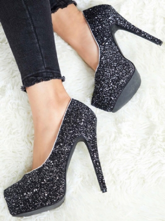 Női Sparkly Platform Pumps Fekete Báli Cipő Magas Sarkú Bulicipő