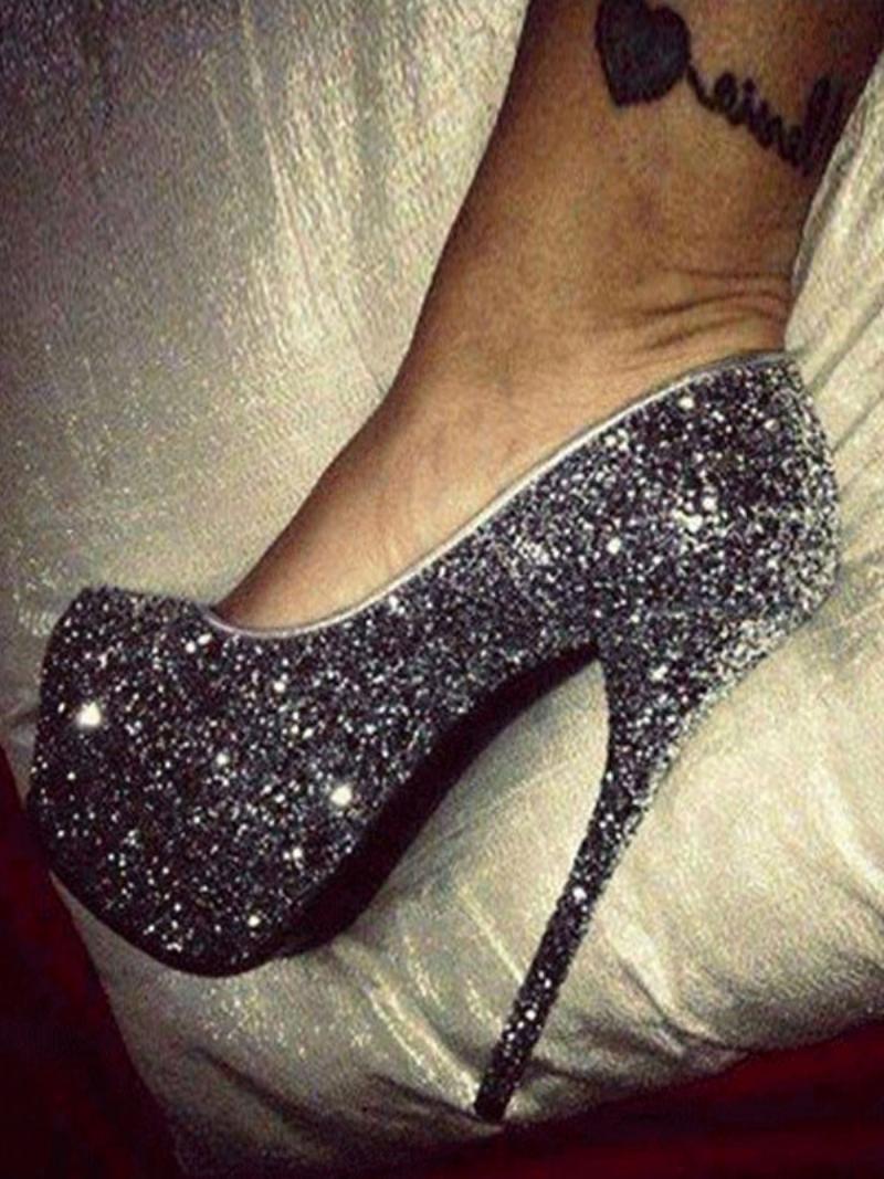 Női Sparkly Platform Pumps Fekete Báli Cipő Magas Sarkú Bulicipő - Fekete