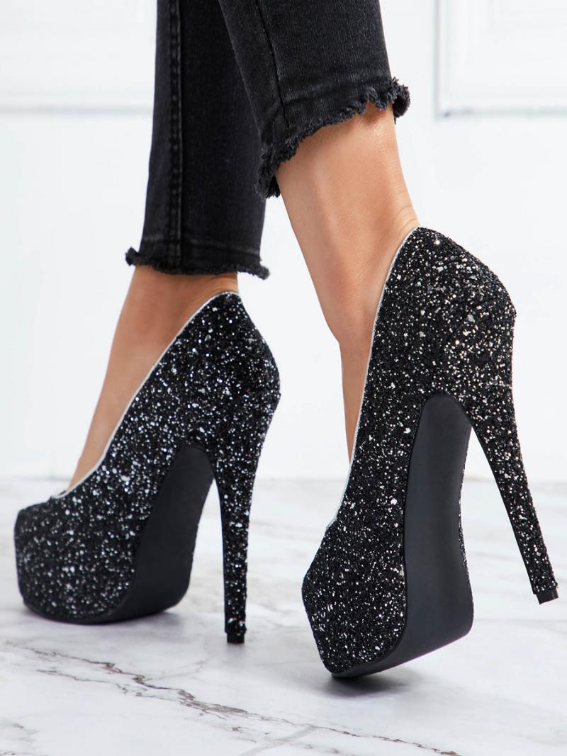 Női Sparkly Platform Pumps Fekete Báli Cipő Magas Sarkú Bulicipő - Fekete