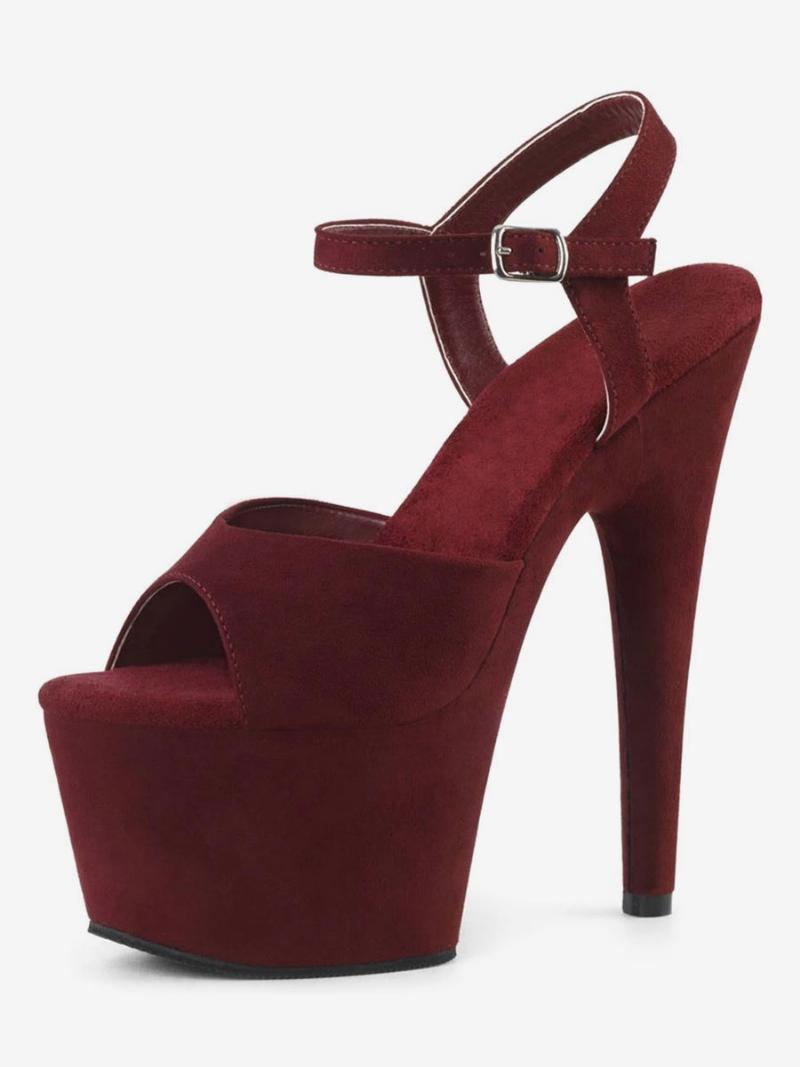 Pole Dance Cipők Női Szexi Szandál Fekete Bőr Peep Toe Monk Strap Stripper - Burgundi