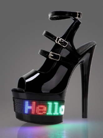 Szexi Női Szandálok Fekete Pu Bőrből Készült Peep Toe Platform Led Cipők