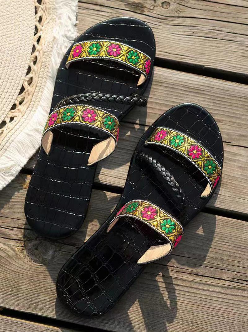 Boho Sandal Slides Női Nyitott Orrú Lapos Strandpapucs - Fekete