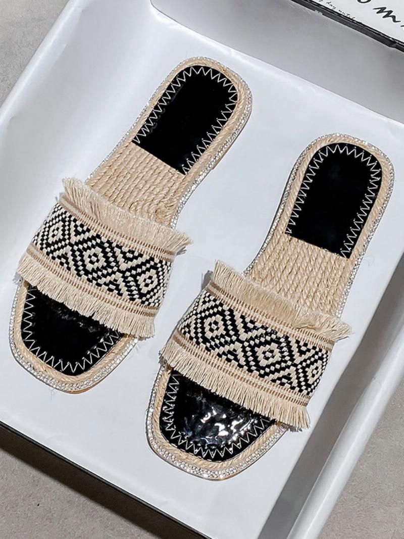 Boho Slide Sandals Női Elegáns Fringe Open Orr Szandálpapucs - Fekete