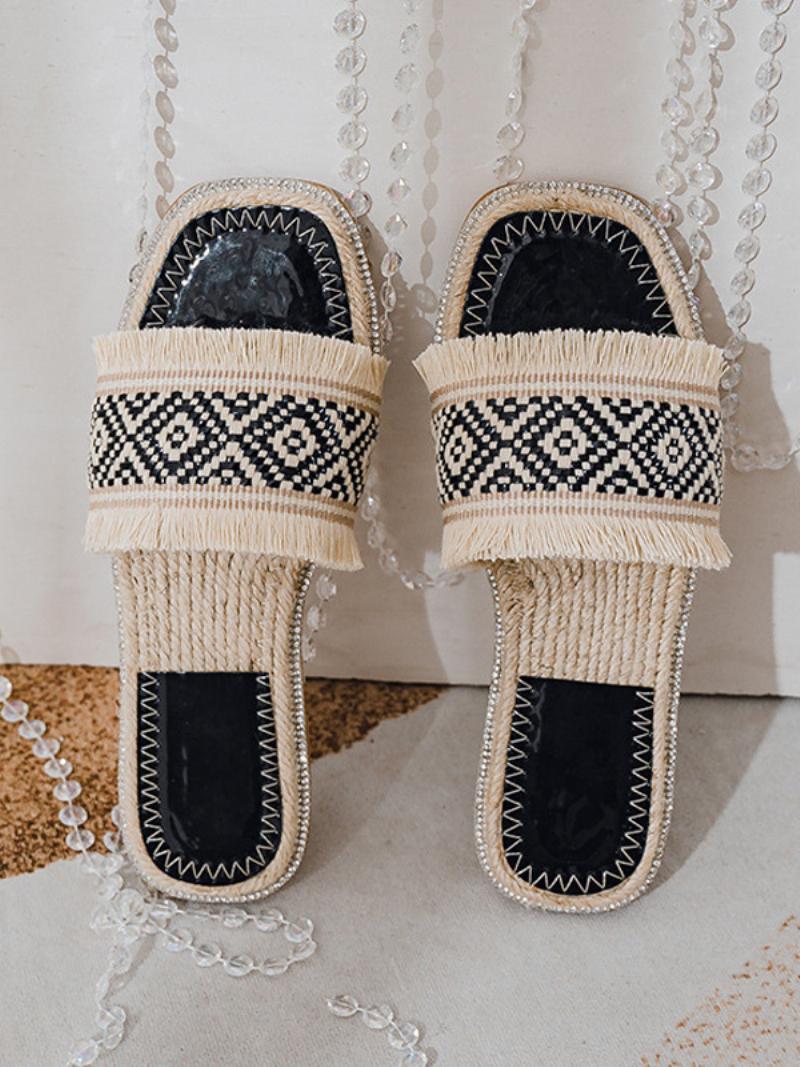 Boho Slide Sandals Női Elegáns Fringe Open Orr Szandálpapucs - Fekete