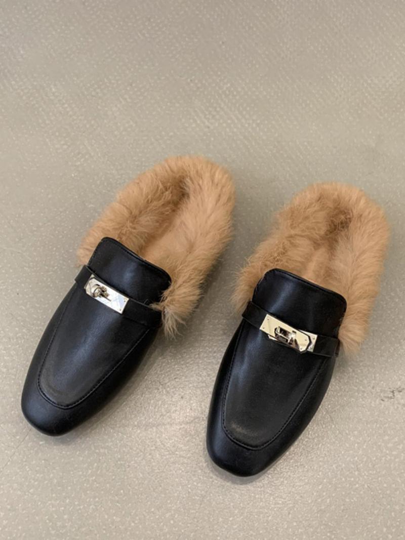 Fekete Női Naplopók Műszőrme Fém Részletek Slip On Loafer Cipő