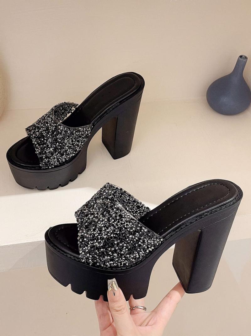 Női Flitterek Slingbacks Chunky Heel Mules Pu Bőr Fekete - Fekete