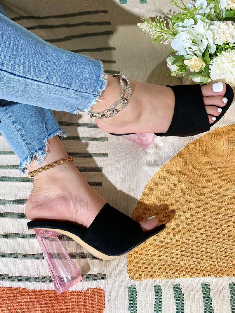 Női Mule Heels Micro Suede Felső Peep Toe Chunky Heel Mules - Fekete