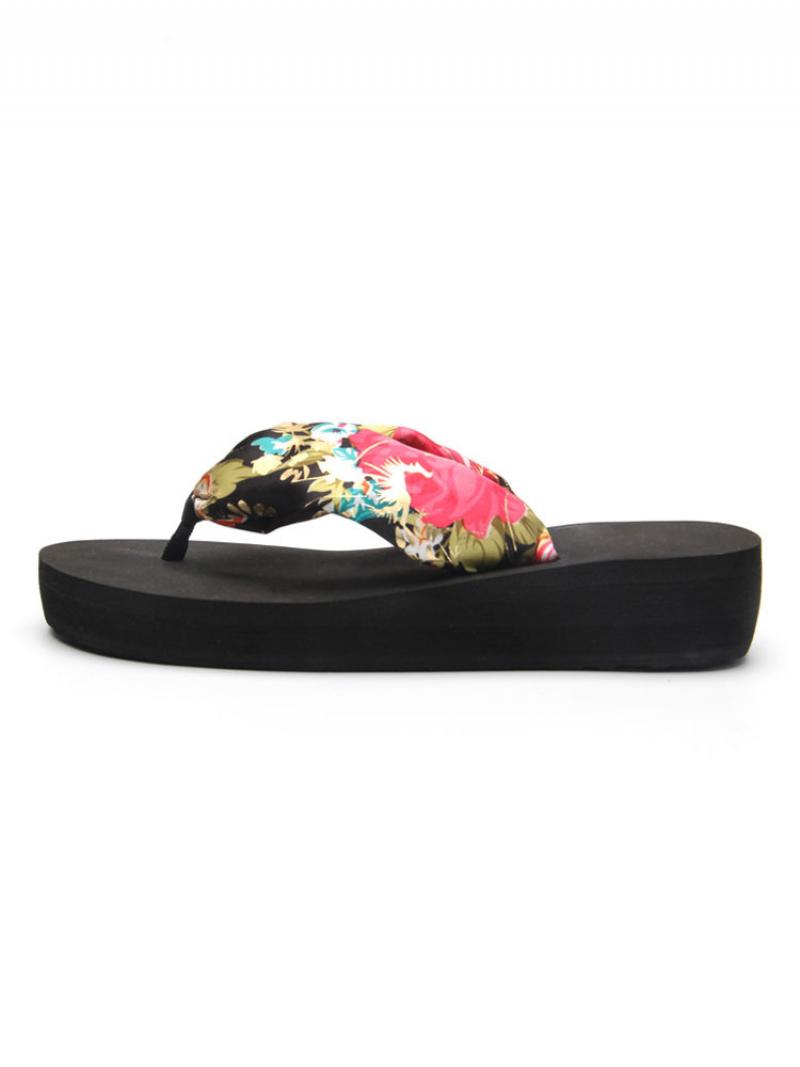 Női Slide Szandál Bohemian Pvc Felső Nyitott Orrú Wedge Heel Papucs - Fekete