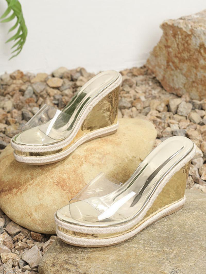 Női Slide Szandál Elegáns Pvc Felső Peep Toe Wedge Heel Papucs - Arany