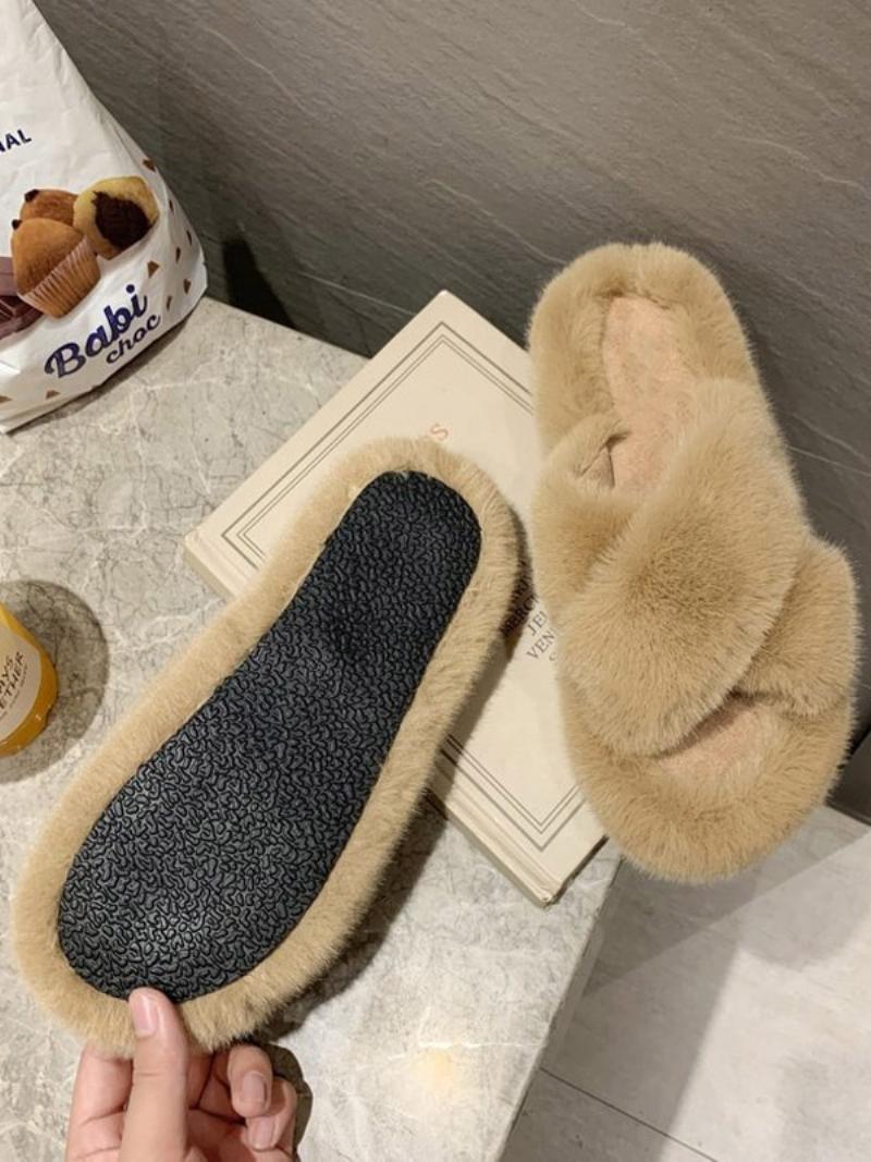 Női Slide Szandál Elegáns Szőrme Szintetikus Anyag Peep Toe Lapos Papucs - Khaki