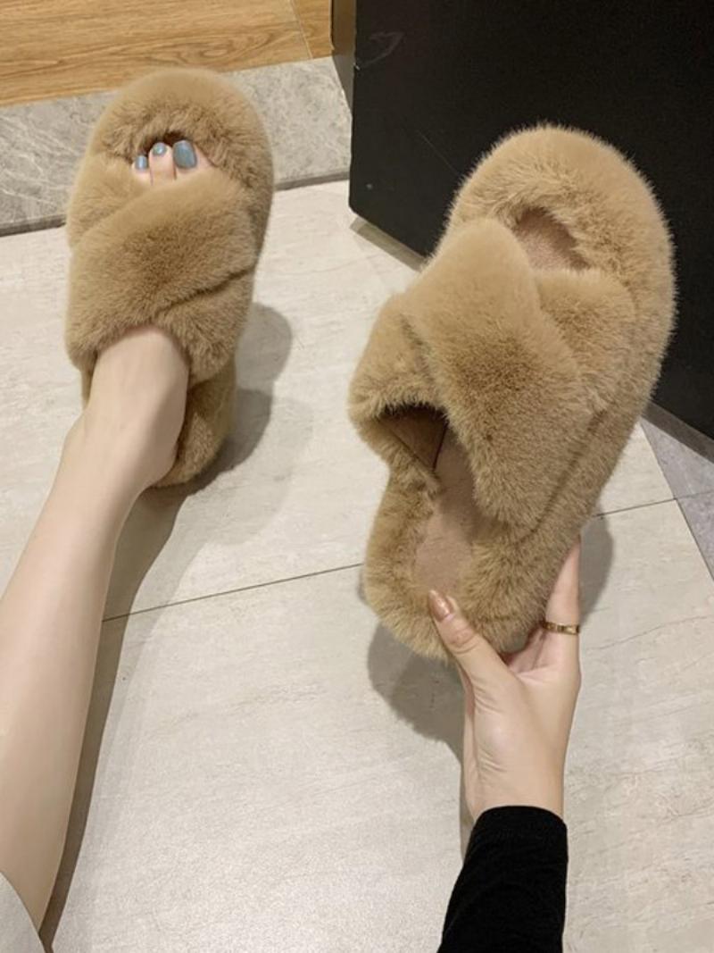 Női Slide Szandál Elegáns Szőrme Szintetikus Anyag Peep Toe Lapos Papucs - Khaki