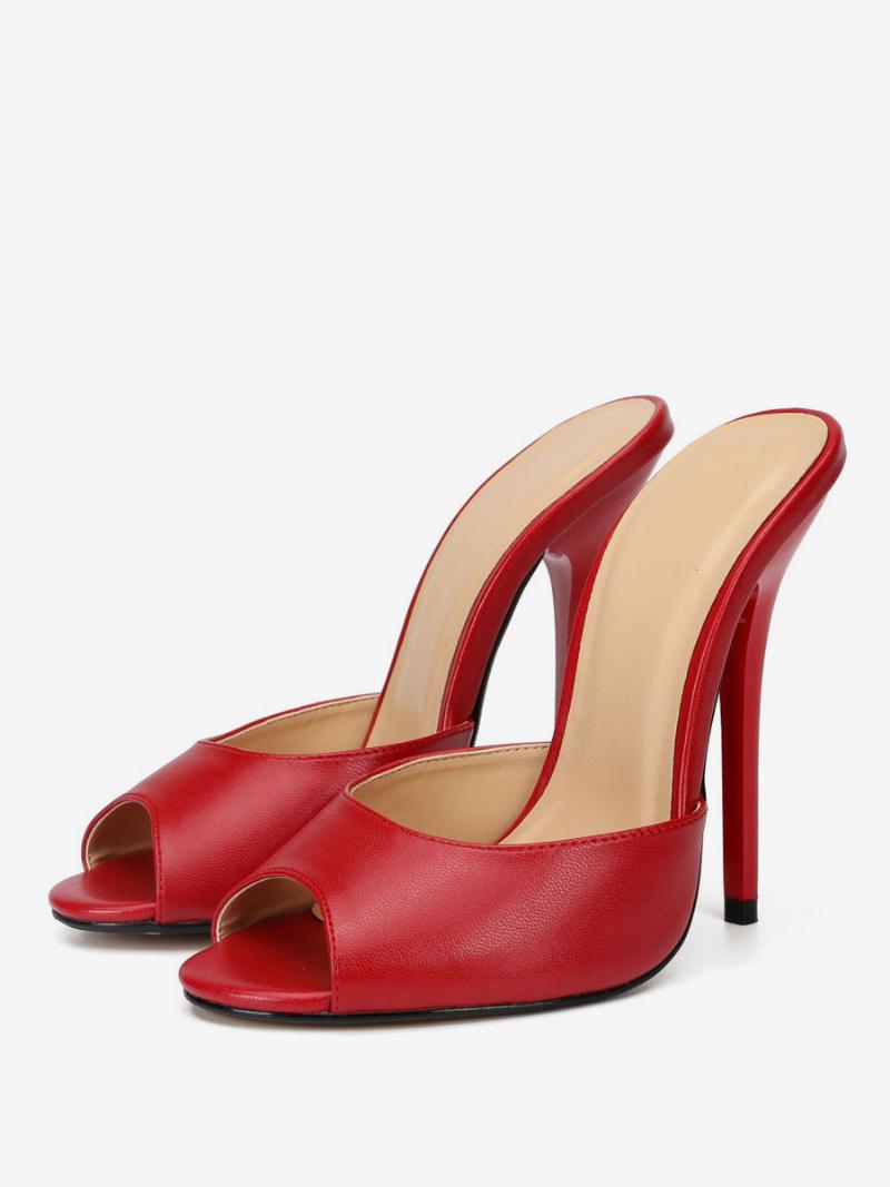 Női Tűsarkú Peep Toe Mule Sarkú Piros Vegán Bőrből