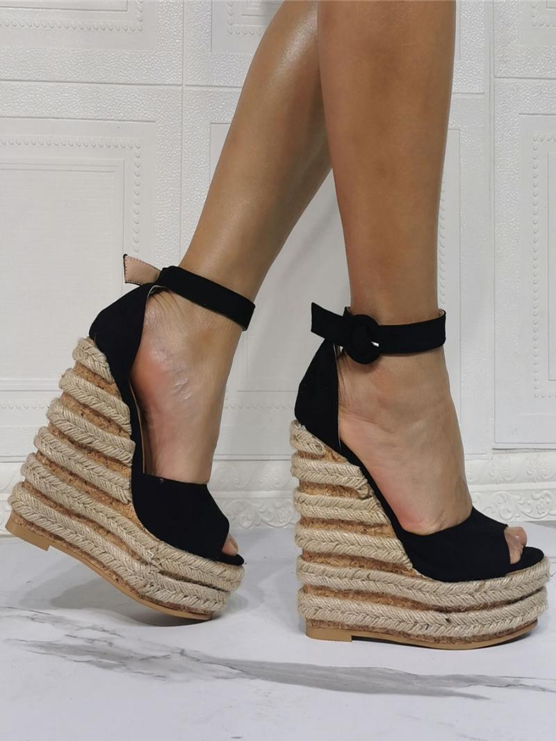 Női Bokapántos Platform Espadrille Wedge Szandál - Fekete