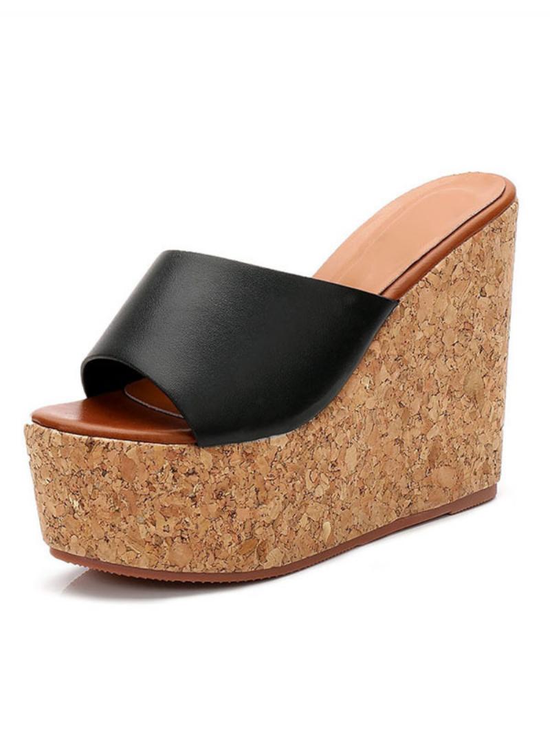 Női Cork Wedge Mule Sarkú Cipő - Fekete