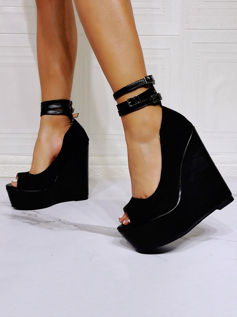 Női Fekete Ékszandál Peep Toe Wedge Heel Micro Velúr Felső Bokapántos Sarkú Szandál