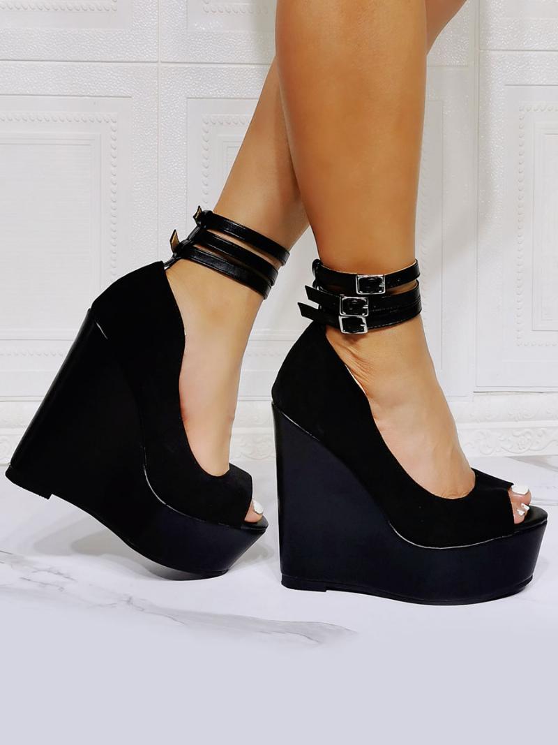 Női Fekete Ékszandál Peep Toe Wedge Heel Micro Velúr Felső Bokapántos Sarkú Szandál - Fekete