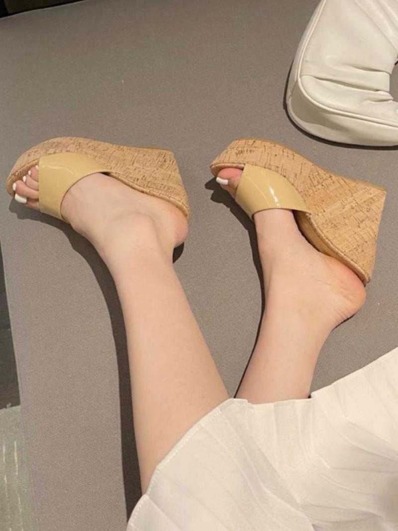 Női Fekete Öszvérek Peep Toe Wedge Heel Patent Pu Nyári Sarokpapucs - Mély Világos Sárga