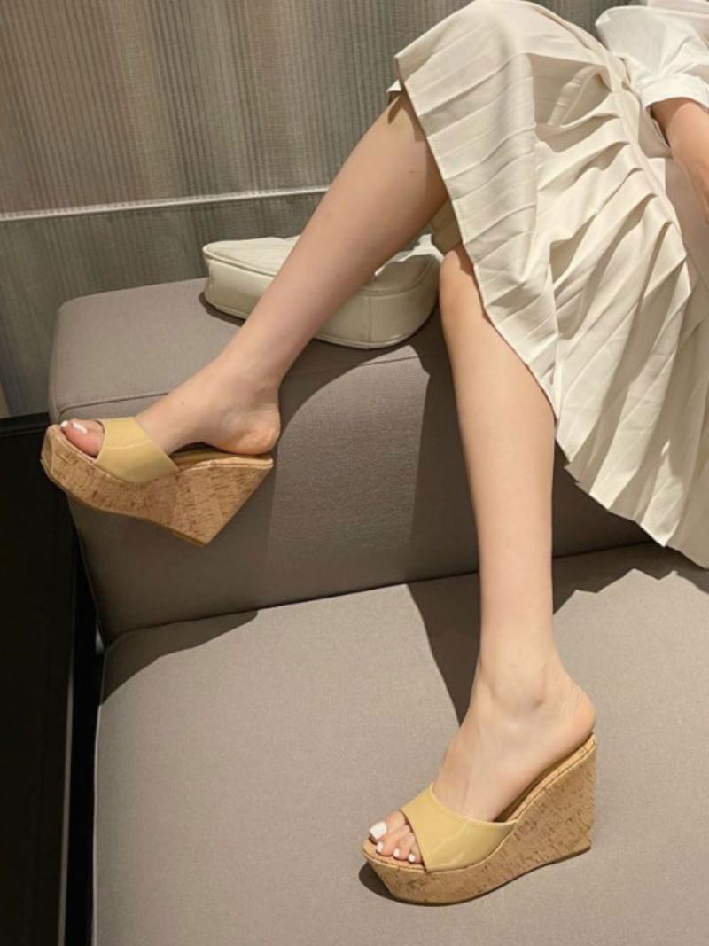 Női Fekete Öszvérek Peep Toe Wedge Heel Patent Pu Nyári Sarokpapucs - Mély Világos Sárga