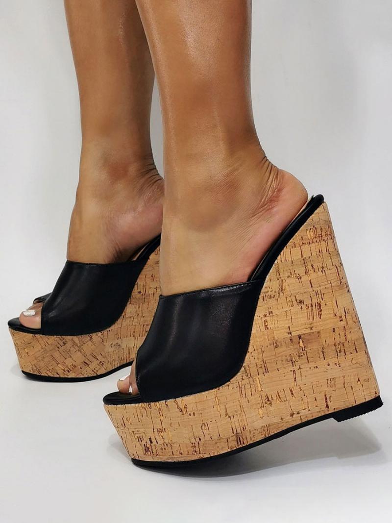 Női Fekete Platform Peep Toe Wedge Szandál