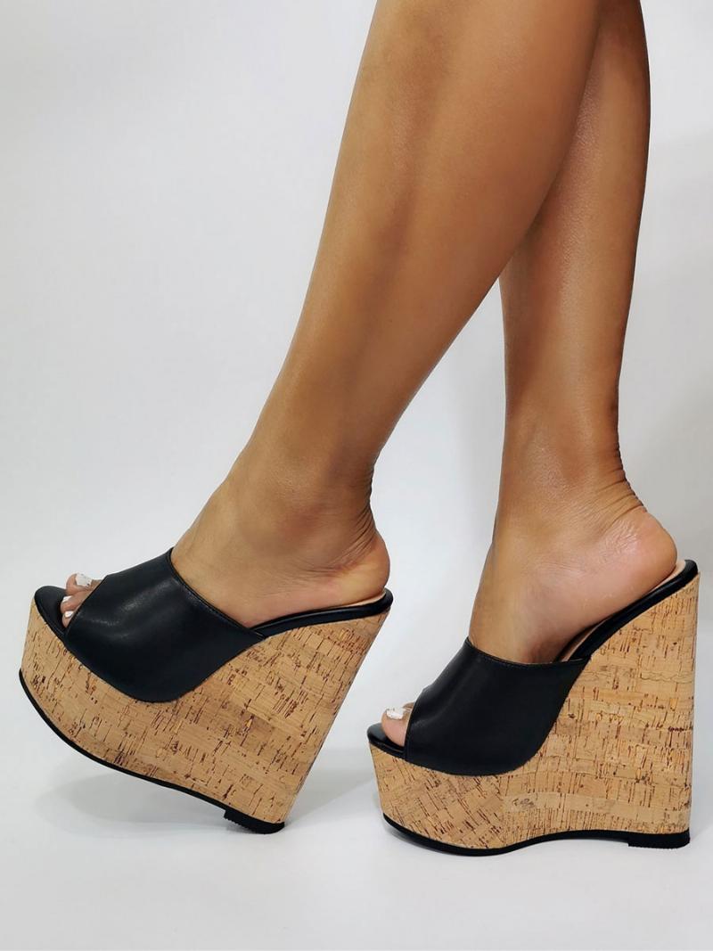 Női Fekete Platform Peep Toe Wedge Szandál - Fekete