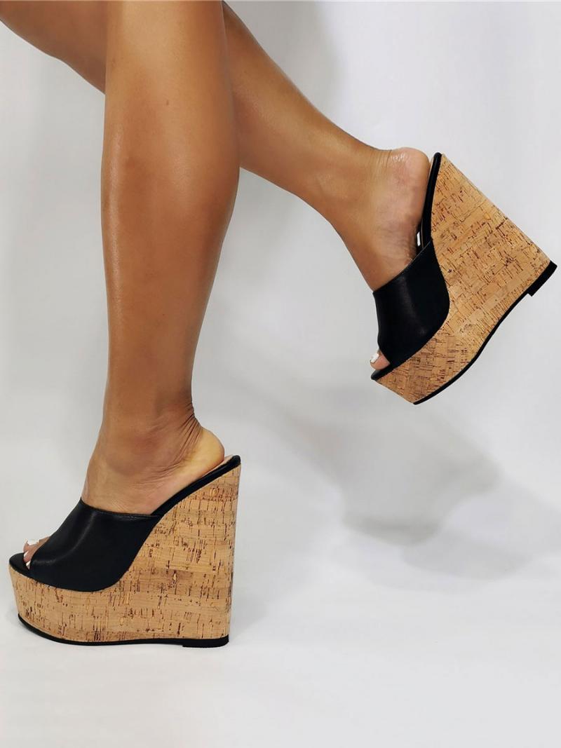 Női Fekete Platform Peep Toe Wedge Szandál - Fekete