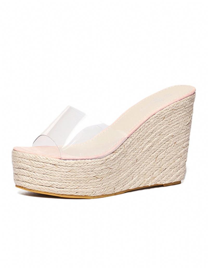 Női Kajszibarack Szandál Átlátszó Peep Toe Mule Espadrille Wedges - Rózsaszín