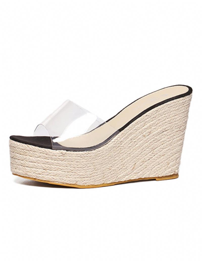 Női Kajszibarack Szandál Átlátszó Peep Toe Mule Espadrille Wedges - Fekete