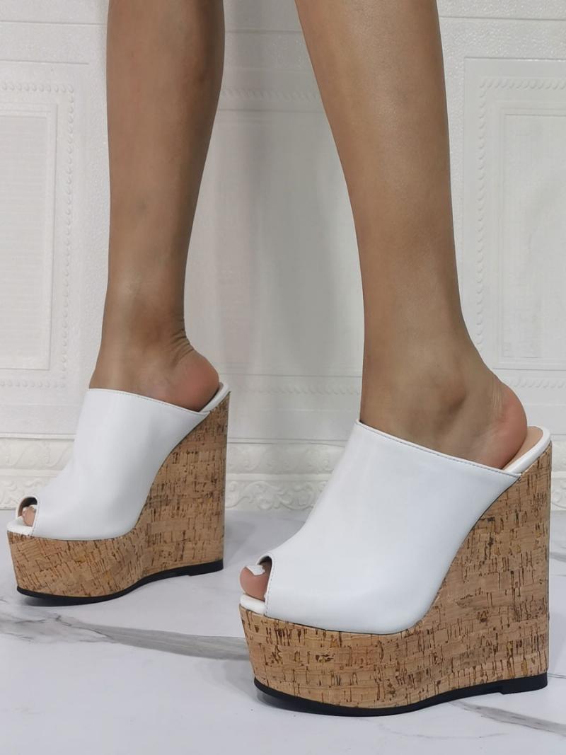 Női Peep Toe Platform Wedge Mules - Fehér