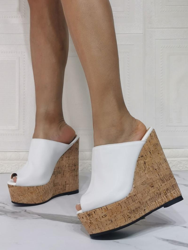 Női Peep Toe Platform Wedge Mules - Fehér