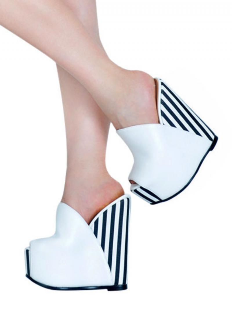 Női Stripes Platform Wedge Mules - Fehér