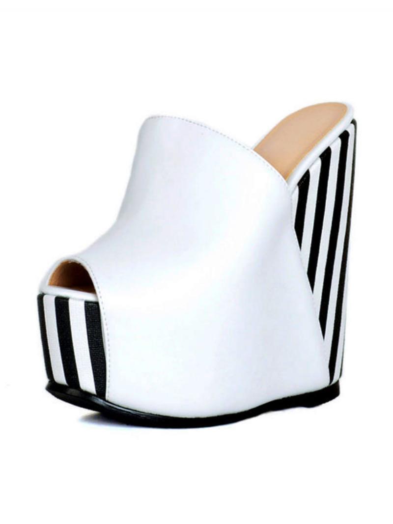 Női Stripes Platform Wedge Mules - Fehér